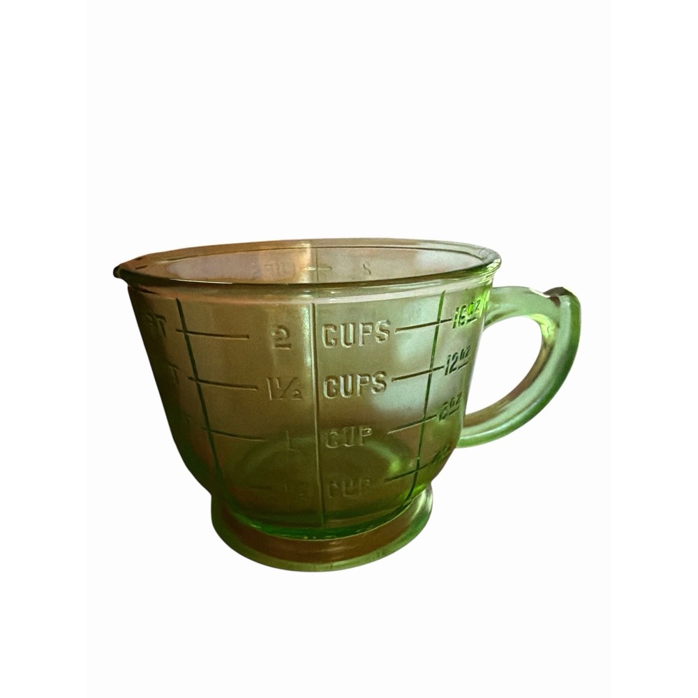 Green Uranium Vaseline Glass 2 Cup Pedestal Measuring Cup Depression Era